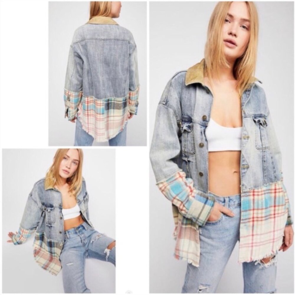 Free People Light Wash Denim Jacket with Plaid Patchwork - Picture 2 of 16